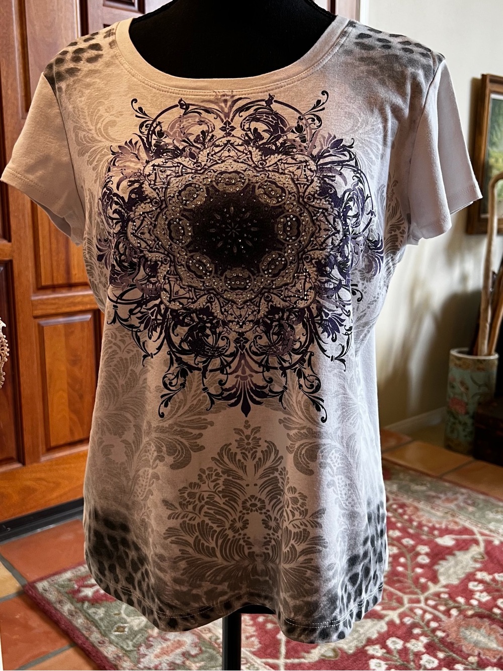 Chico's Cream Short-Sleeve Tee with Black Medallion Print